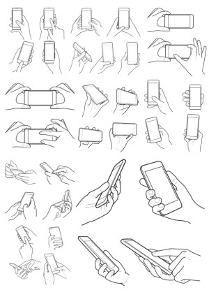 Line Art Set of Various Hand Gestures Holding and Using Smartphones Free Vector