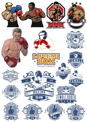 Boxing and MMA Fighter Illustrations with Female Boxer Club Badges Free Vector