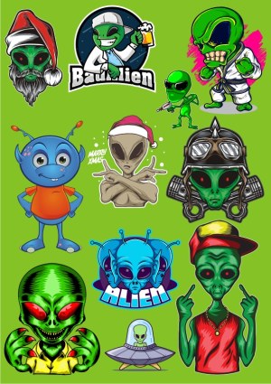 Collection of Cartoon Alien Characters and UFO Illustrations Free Vector