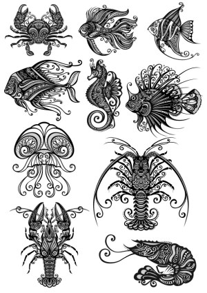 Intricate Black and White Marine Life Vector Illustrations Free Vector