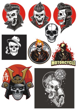 Set of Skull Illustrations with Rockabilly, Samurai, and Motorcycle Themes Free Vector