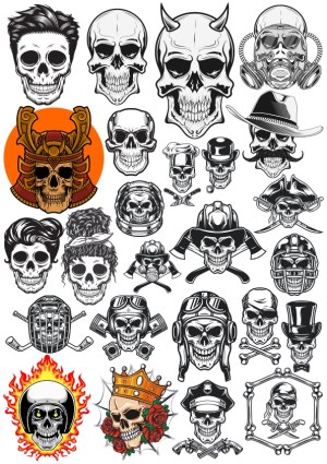 Collection of Stylized Skull Vector Illustrations with Various Hats and Themes Free Vector