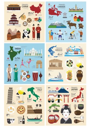 Travel Destinations Vector Set Featuring China, Canada, India, Greece, Italy, and Japan Free Vector