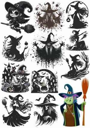 Collection of Witch and Halloween-Themed Vector Illustrations Free Vector