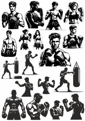 Black and White Boxing Poses and Silhouettes Vector Collection Free Vector