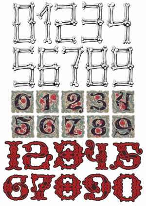 Decorative Number Sets in Bone, Vintage Floral, and Red Gothic Styles Free Vector