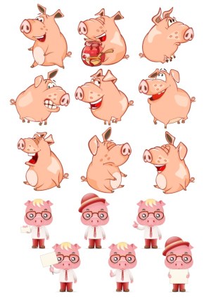 Cartoon Pigs Expressive Poses and Business Characters with Glasses and Signs Free Vector