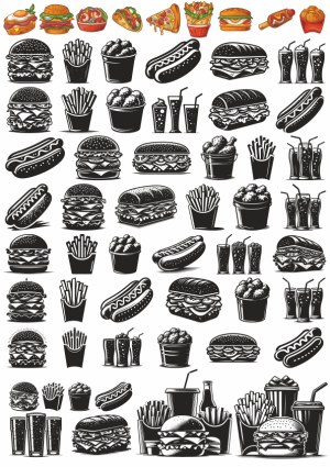 Fast Food Icons Vector Set: Burgers, Fries, Hot Dogs, Drinks, and Snacks Free Vector
