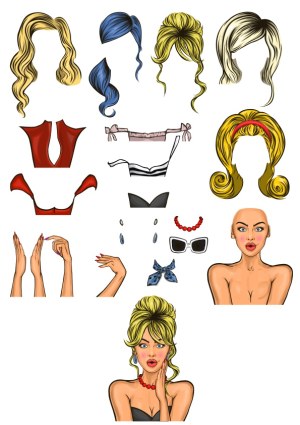 Vector Set of Retro Female Hairstyles, Clothing, Hands, and Accessories Free Vector