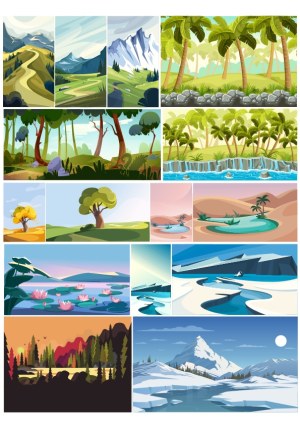Diverse Nature Landscape Scene Collection in Vector Art Free Vector