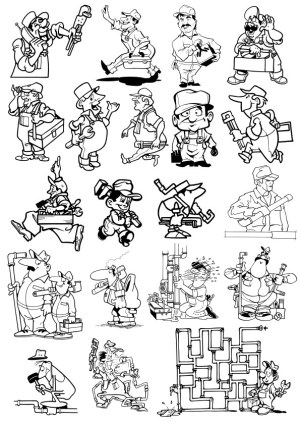 Cartoon Plumber Characters and Plumbing Tools Vector Collection Free Vector