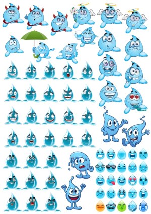 Collection of Blue Water Drop Cartoon Characters with Various Expressions and Poses Free Vector