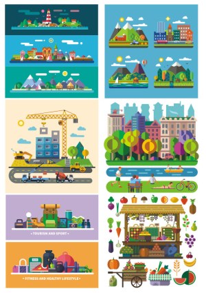 Colorful City and Nature Life Vector Illustrations Collection Free Vector