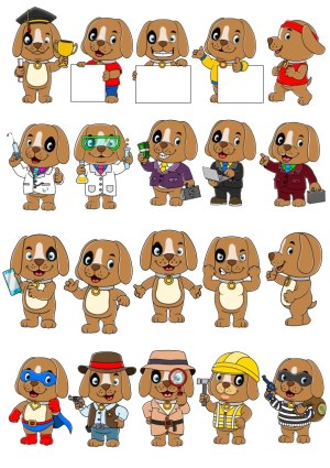 Cute Dog Character Set in Various Costumes and Poses Free Vector