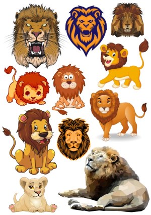 Collection of Cartoon and Geometric Lion Illustrations Free Vector