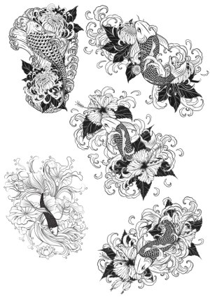 Black and White Koi Fish and Floral Vector Illustrations Free Vector