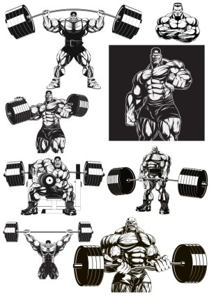 Strong Muscular Bodybuilder Lifting Heavy Barbells Vector Set Free Vector