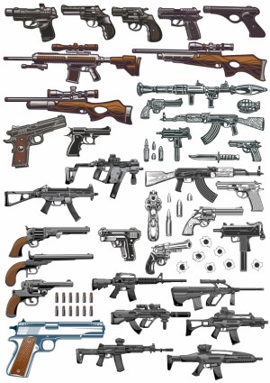 Collection of Various Handguns, Rifles, and Ammunition Vector Illustrations Free Vector