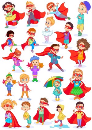 Vector Set of Kids in Superhero Capes and Everyday Clothes Free Vector