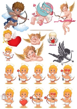 Set of Cupid and Cherub Vector Illustrations with Valentine Elements Free Vector