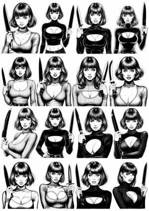 Black and White Vector Illustrations of Woman Holding Knives Free Vector