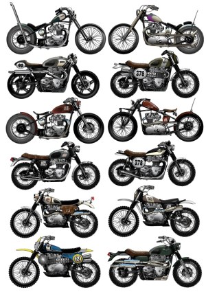 Collection of 12 Detailed Vintage Style Motorcycles Vector Illustrations Free Vector