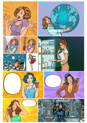 Pop Art Style Comic Panels Featuring Women in Various Situations Free Vector