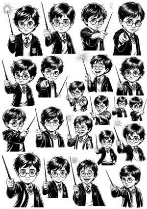 Black and White Vector Illustrations of a Boy with Wand in Various Poses Free Vector