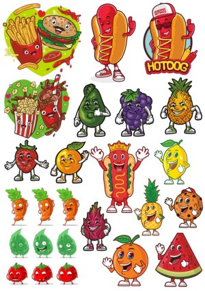 Cartoon Food Characters Set with Fruits, Vegetables, and Fast Food Free Vector