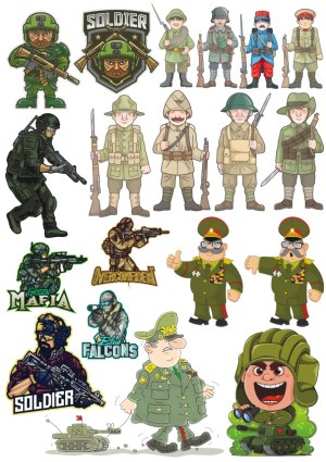 Collection of Cartoon and Military Soldier Characters with Tanks and Emblems Free Vector
