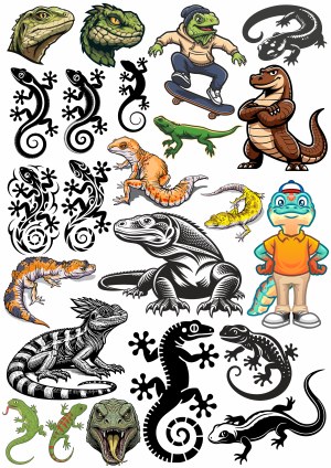 Lizard and Gecko Collection of Colorful and Black Vector Illustrations Free Vector