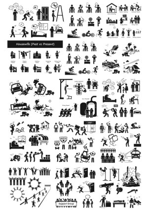 Black and White Stick Figure Icon Set Showing Housewife Roles, Education, Violence, and Social Activities Free Vector