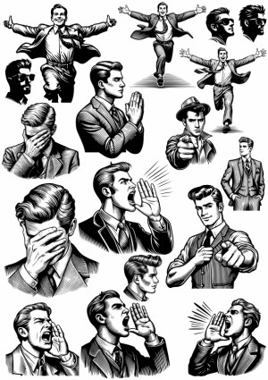 Retro Businessman Expressions and Gestures Vector Set Free Vector