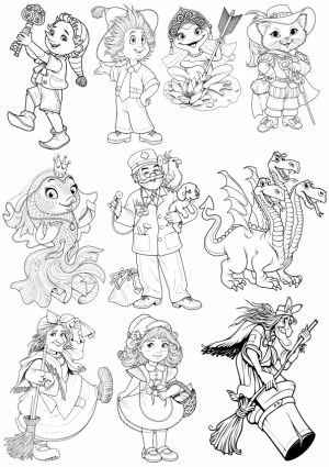 Black and White Fairy Tale Characters Coloring Page Vector Free Vector