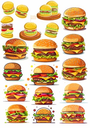 Illustrated Collection of Various Cheeseburgers and Hamburgers Free Vector