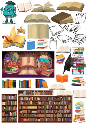 Collection of Open Books, Stacked Books, and Full Bookshelves Vector Illustrations Free Vector