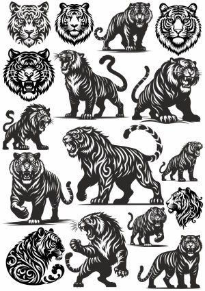 Black and White Tiger Vector Illustrations Collection Free Vector