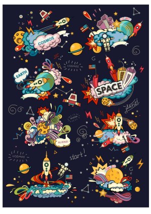 Colorful Space and Cosmos Doodle Vector Illustrations Free Vector