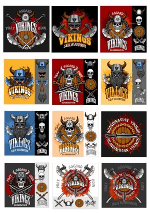 Set of Viking-themed Warrior Vector Illustrations with Helmets, Axes, Skulls, and Shields Free Vector