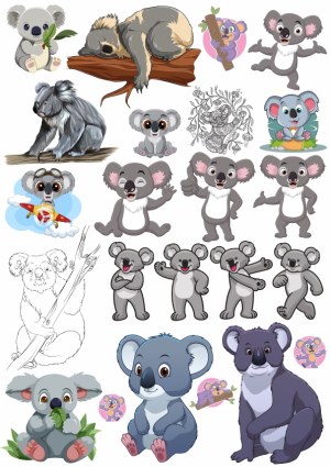Collection of Cartoon and Realistic Koala Bear Illustrations and Icons Free Vector