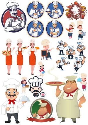 Collection of Diverse Chef Cartoon Characters and Cooking Icons Free Vector