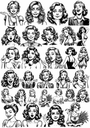 Vintage Black and White Retro Woman Facial Expressions and Poses Free Vector