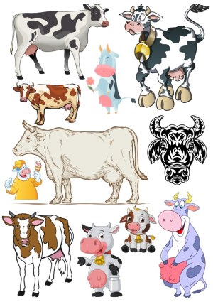 Collection of Various Cartoon and Realistic Cow Illustrations Free Vector