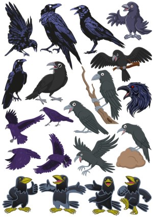 Collection of Various Raven and Crow Vector Illustrations Free Vector