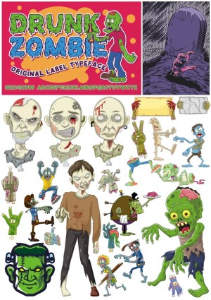 Drunk Zombie Cartoon Vector Collection with Font and Character Poses Free Vector