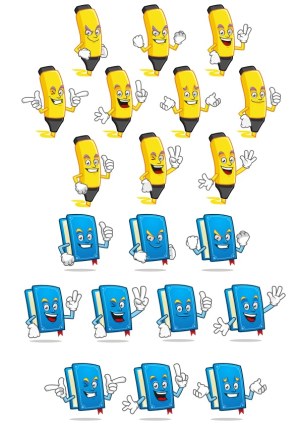 Cartoon Marker and Book Characters with Various Expressions and Gestures Free Vector
