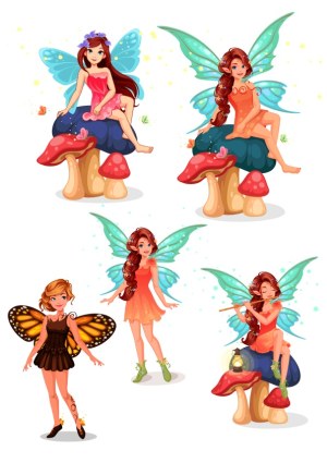 Collection of Fantasy Fairies with Colorful Wings and Mushrooms Free Vector
