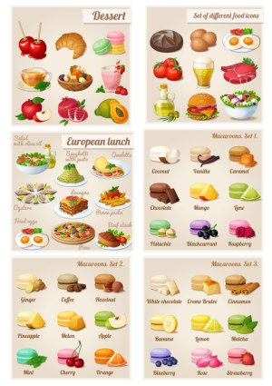 Set of Food and Dessert Vector Icons Including European Lunch and Macarons Free Vector