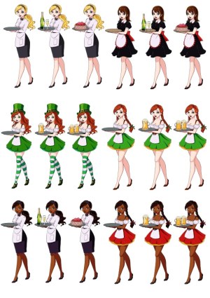 Set of Female Waitress Characters in Different Costumes and Poses Free Vector