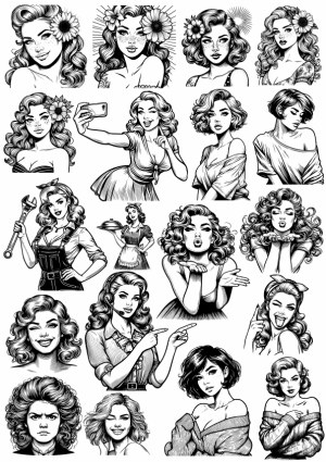 Vintage Style Black and White Female Portraits and Expressions Vector Set Free Vector